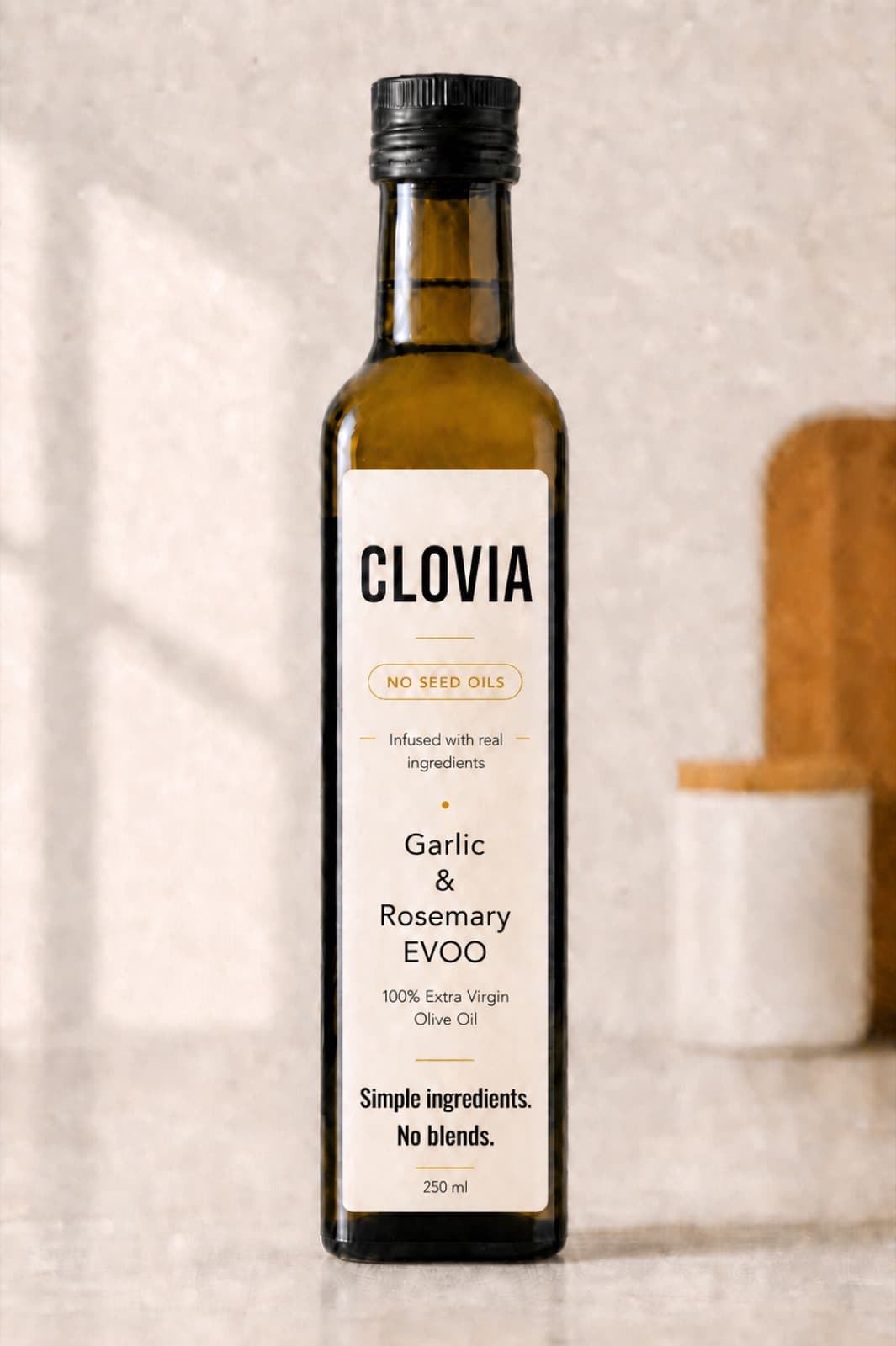 Clovia olive oil bottle, the brand from the sample Honest Assessment report