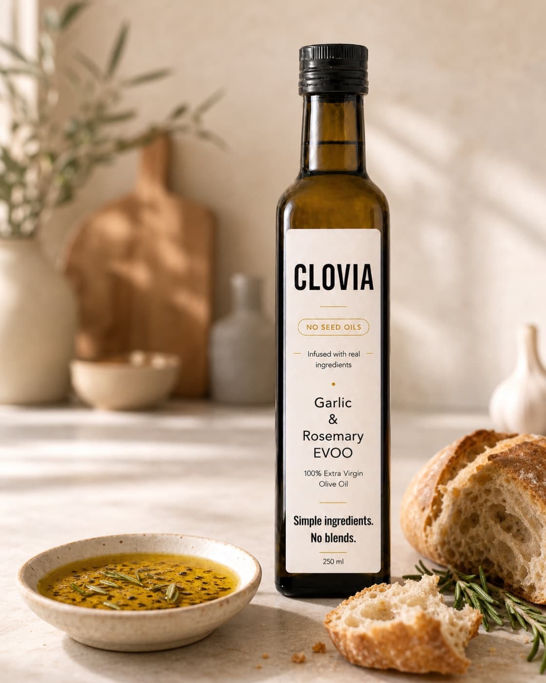 Crusty bread with a dipping bowl of Clovia