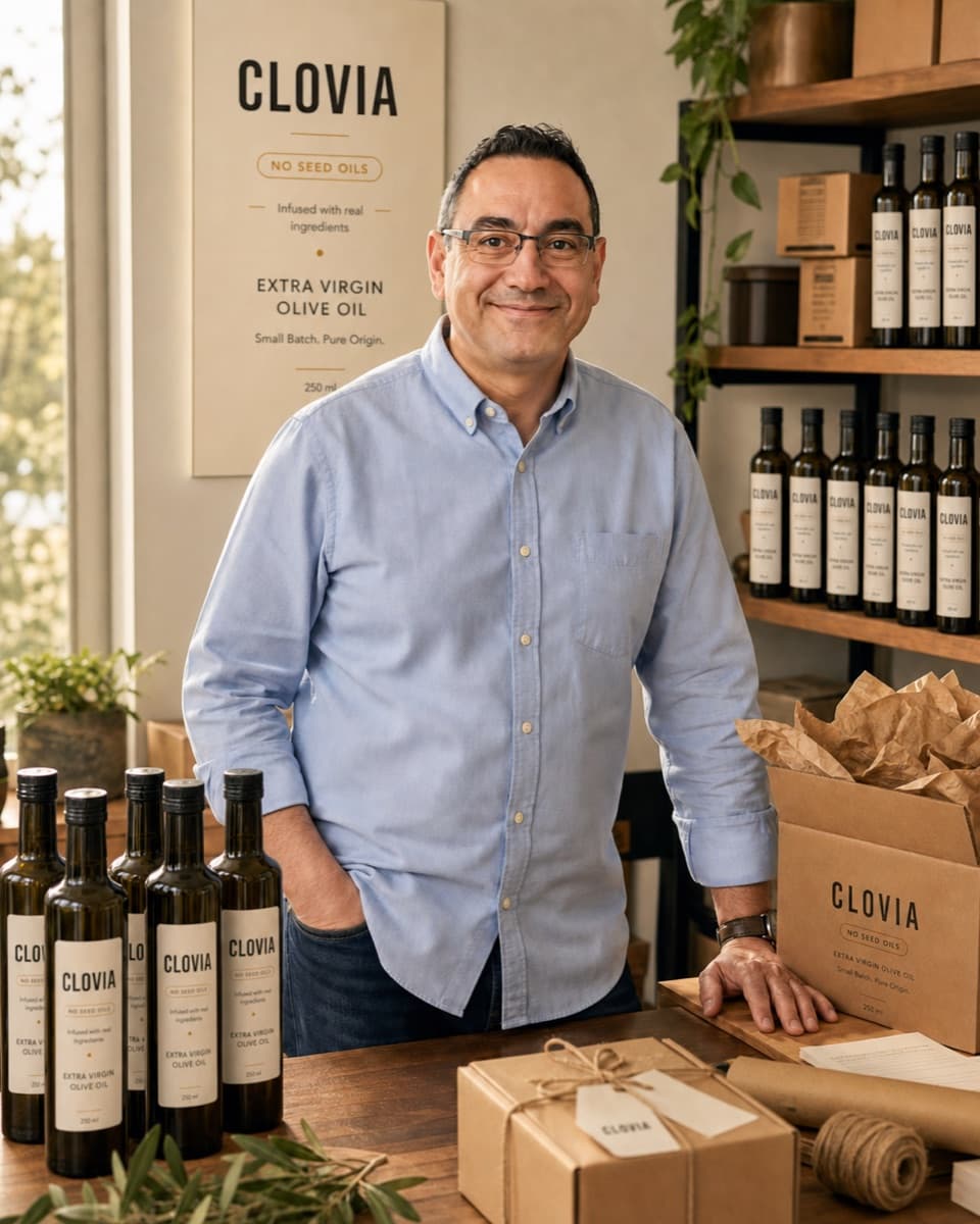 James Salinas, founder of Clovia, with bottles of garlic and rosemary EVOO