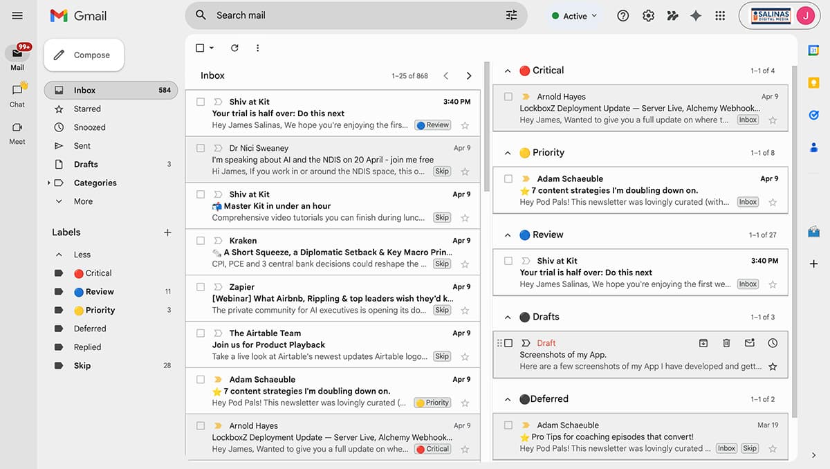 Organized multi-inbox — Critical, Priority, Review panels