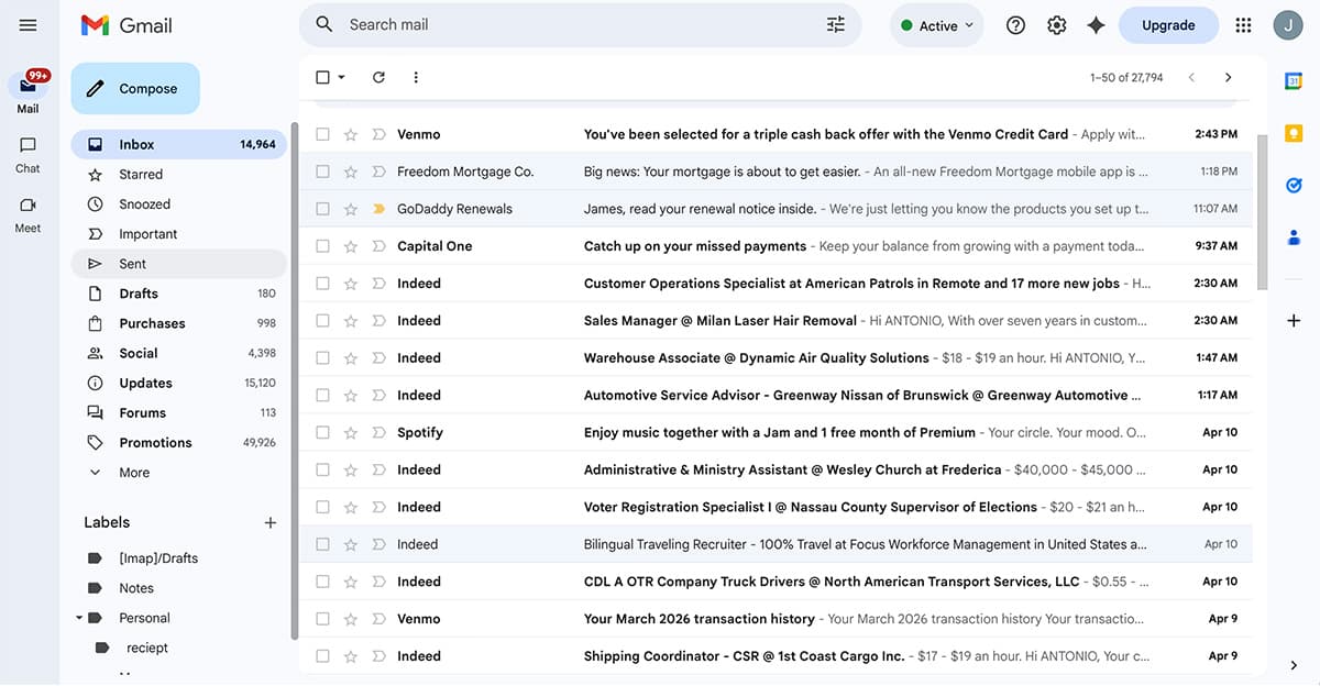 Chaotic inbox — 14,883 unread, overwhelming