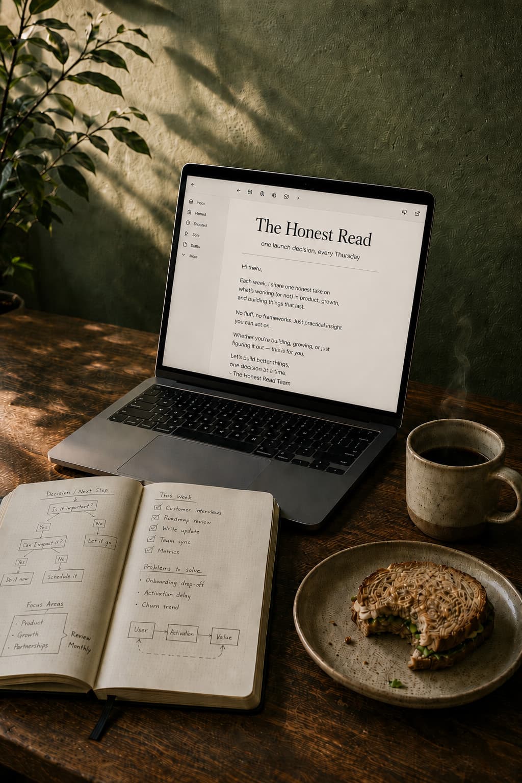 An open laptop showing The Honest Read in a clean reading layout. Beside it, an operator's notebook open to a decision tree and focus-area list, a steaming ceramic coffee mug, and a half-eaten sandwich on a plate. Warm morning light on a wooden desk.